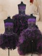 Four Piece Floor Length Ball Gowns Sleeveless Black and Purple Quince Ball Gowns Lace Up