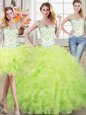 Three Piece Organza Straps Sleeveless Lace Up Beading and Lace and Ruffles Quinceanera Dress in Yellow Green