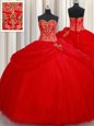 Red Lace Up 15 Quinceanera Dress Beading and Pick Ups Sleeveless Floor Length