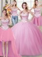 Four Piece Floor Length Rose Pink Vestidos de Quinceanera Sweetheart Sleeveless Lace Up