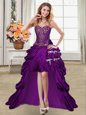 Super High Low Purple Prom Evening Gown Taffeta Sleeveless Beading and Appliques and Pick Ups