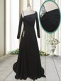 Black Asymmetric Side Zipper Beading Prom Dress Sweep Train Long Sleeves