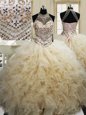Fantastic Halter Top Champagne Lace Up 15th Birthday Dress Beading and Ruffles Sleeveless Floor Length