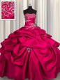 Customized Pick Ups Floor Length Hot Pink Quince Ball Gowns Strapless Sleeveless Lace Up