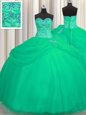 Decent Big Puffy Turquoise Ball Gowns Beading Sweet 16 Dresses Lace Up Tulle Sleeveless Floor Length
