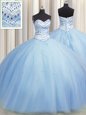Pretty Bling-bling Big Puffy Floor Length Lace Up Ball Gown Prom Dress Light Blue and In for Military Ball and Sweet 16 and Quinceanera with Beading