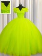 Sumptuous Off The Shoulder Short Sleeves Court Train Lace Up Vestidos de Quinceanera Yellow Green Tulle