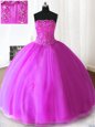 Fuchsia Ball Gowns Beading and Appliques Quince Ball Gowns Lace Up Tulle Sleeveless Floor Length