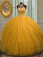 Decent Halter Top Sleeveless Lace Up Sweet 16 Quinceanera Dress Gold Tulle