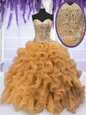 High Class Gold Sleeveless Organza Lace Up Quinceanera Dresses for Military Ball and Sweet 16 and Quinceanera