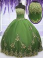 Customized Olive Green Tulle Zipper Quince Ball Gowns Sleeveless Floor Length Appliques