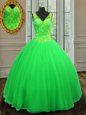 Ball Gowns Quinceanera Gown Green V-neck Tulle Sleeveless Floor Length Zipper