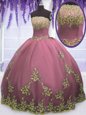 Fuchsia Sleeveless Appliques and Pick Ups Floor Length Sweet 16 Dresses