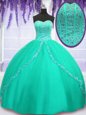 High End Turquoise Tulle Lace Up Sweetheart Sleeveless Floor Length Sweet 16 Quinceanera Dress Beading and Sequins