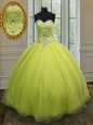 Edgy Yellow Green Lace Up Sweetheart Beading and Belt Quinceanera Gown Organza Sleeveless