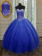 Fantastic Royal Blue Quince Ball Gowns Military Ball and Sweet 16 and Quinceanera and For with Beading and Belt Sweetheart Sleeveless Lace Up