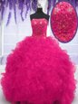 Fuchsia Organza Lace Up Strapless Sleeveless With Train Ball Gown Prom Dress Brush Train Beading and Ruffles