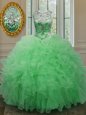 Hot Sale Scoop Sleeveless Floor Length Beading and Ruffles Lace Up 15th Birthday Dress with Green