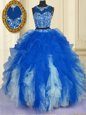 Colorful Scoop Blue And White Zipper Sweet 16 Quinceanera Dress Beading and Ruffles Sleeveless Floor Length