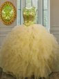 Light Yellow Tulle Lace Up Scoop Sleeveless Floor Length Quinceanera Dresses Beading and Ruffles