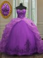 Exquisite Purple Organza Lace Up Sweetheart Sleeveless With Train Ball Gown Prom Dress Court Train Beading and Appliques and Pick Ups