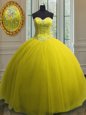 Superior Yellow Ball Gowns Sweetheart Sleeveless Tulle Floor Length Lace Up Beading and Sequins Quinceanera Gowns