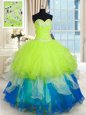 Glittering Sleeveless With Train Beading and Ruffles Lace Up Quinceanera Dress with Blue Brush Train