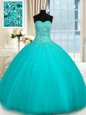 Colorful Sleeveless Floor Length Beading Lace Up 15 Quinceanera Dress with Turquoise