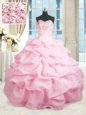 Hot Selling Beading and Ruffles Quinceanera Gown Pink Lace Up Sleeveless Floor Length