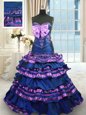 Best Selling Navy Blue Taffeta Lace Up 15 Quinceanera Dress Sleeveless Brush Train Appliques and Ruffled Layers and Bowknot