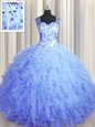 Graceful See Through Zipper Up Sleeveless Tulle Floor Length Zipper Quinceanera Dress in Light Blue for with Beading and Ruffles