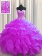Glittering Visible Boning Fuchsia Sleeveless Beading and Ruffles Floor Length Quince Ball Gowns