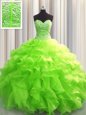 Green Sleeveless Floor Length Beading and Ruffles and Pick Ups Lace Up Sweet 16 Dresses