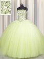 Admirable Sequins Big Puffy Floor Length Ball Gowns Sleeveless Light Yellow Ball Gown Prom Dress Lace Up