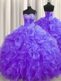 Fitting Sleeveless Organza Brush Train Lace Up Quinceanera Dress in Purple for with Beading and Ruffles