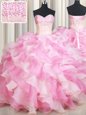 Customized Sleeveless Floor Length Beading and Ruffles Lace Up Sweet 16 Quinceanera Dress with Pink And White