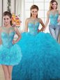 Three Piece Baby Blue Ball Gowns Tulle Scoop Sleeveless Beading and Ruffles Floor Length Lace Up Ball Gown Prom Dress