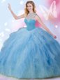 Custom Designed Blue Sleeveless Beading and Ruffles and Sequins Floor Length Sweet 16 Dress