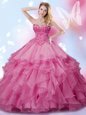 Affordable Beading Vestidos de Quinceanera Rose Pink Lace Up Sleeveless Floor Length