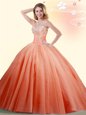 Elegant Orange Red Ball Gowns Sweetheart Sleeveless Tulle Floor Length Lace Up Beading 15th Birthday Dress