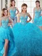 Fitting Four Piece Baby Blue Lace Up Scoop Beading and Ruffles Sweet 16 Dresses Tulle Sleeveless