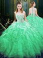Gorgeous Scoop Green Sleeveless Brush Train Appliques and Ruffles Quinceanera Gown