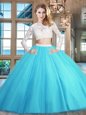 Scoop Floor Length Baby Blue Quinceanera Dresses Tulle Long Sleeves Beading and Lace