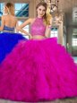 Halter Top Fuchsia Backless Quinceanera Gown Beading and Ruffles Sleeveless Brush Train