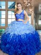 Multi-color V-neck Zipper Lace and Ruffles Ball Gown Prom Dress Sleeveless