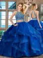 Scoop Sleeveless Backless Floor Length Beading and Ruffles Ball Gown Prom Dress