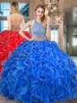 Halter Top Royal Blue Organza Backless Quinceanera Dress Sleeveless Floor Length Beading and Ruffled Layers