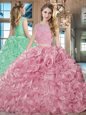 Organza Bateau Sleeveless Brush Train Lace Up Lace and Ruffles Quinceanera Dress in Pink