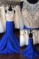 Hot Selling Mermaid Scoop Beading Celebrity Dresses Royal Blue Backless Sleeveless Sweep Train