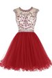 Scoop Mini Length Zipper Prom Party Dress Wine Red and In for Prom and Party with Beading